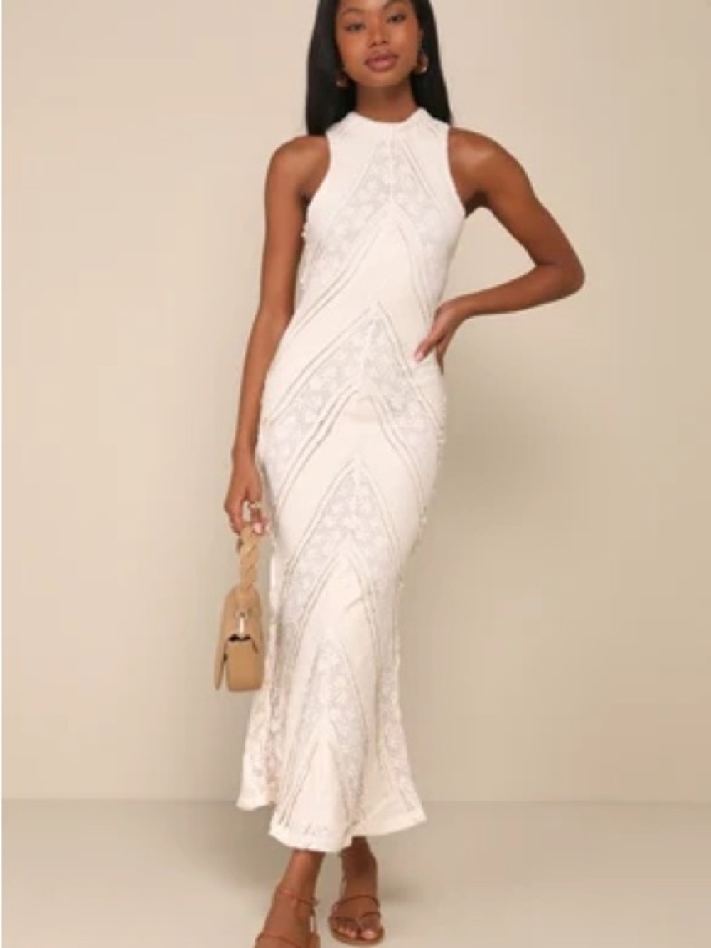 NWOT Lulu's White Beaded High-Neck Maxi Dress